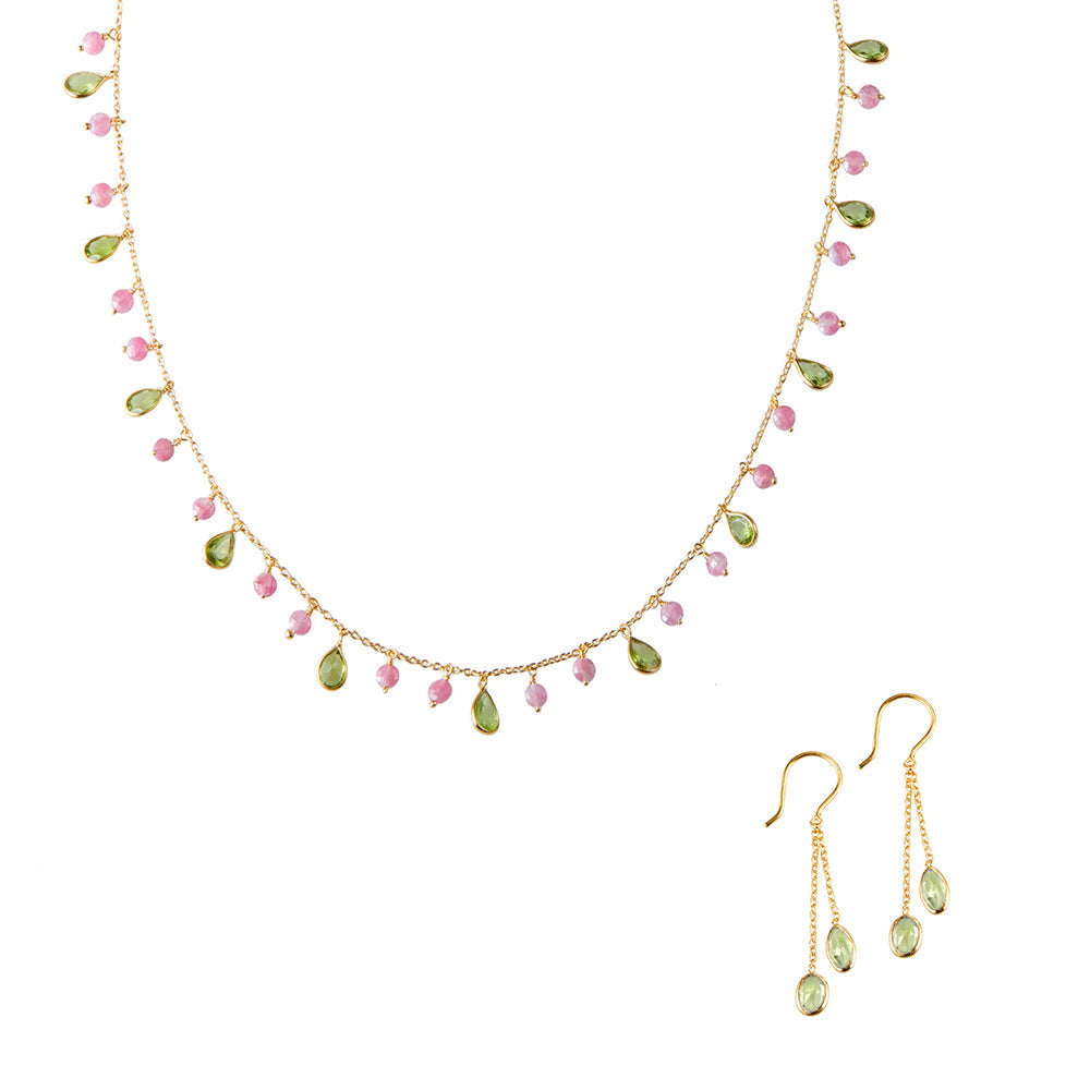 Kiki Necklace in Peridot and Pink Tourmaline & Peridot Dual Earrings – Jewellery Set Memara