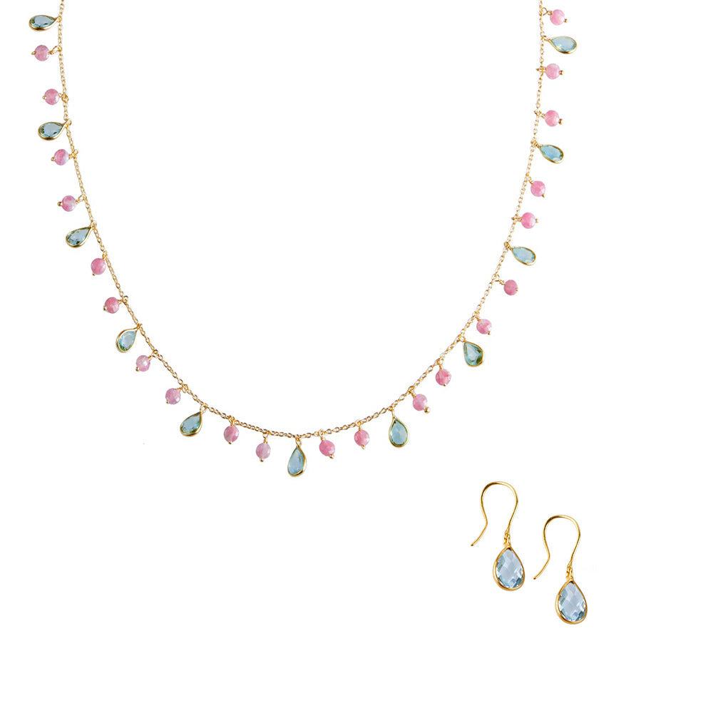 Kiki Necklace in Blue Topaz and Pink Tourmaline & Blue Topaz Tear Drop Earrings – Jewellery Set Memara