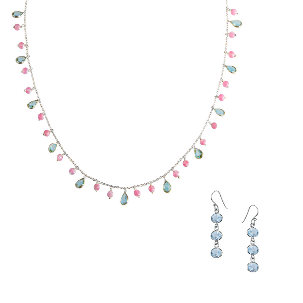 Kiki Necklace in Blue Topaz and Pink Tourmaline & Blue Topaz Trellis Earrings – Jewellery Set Memara