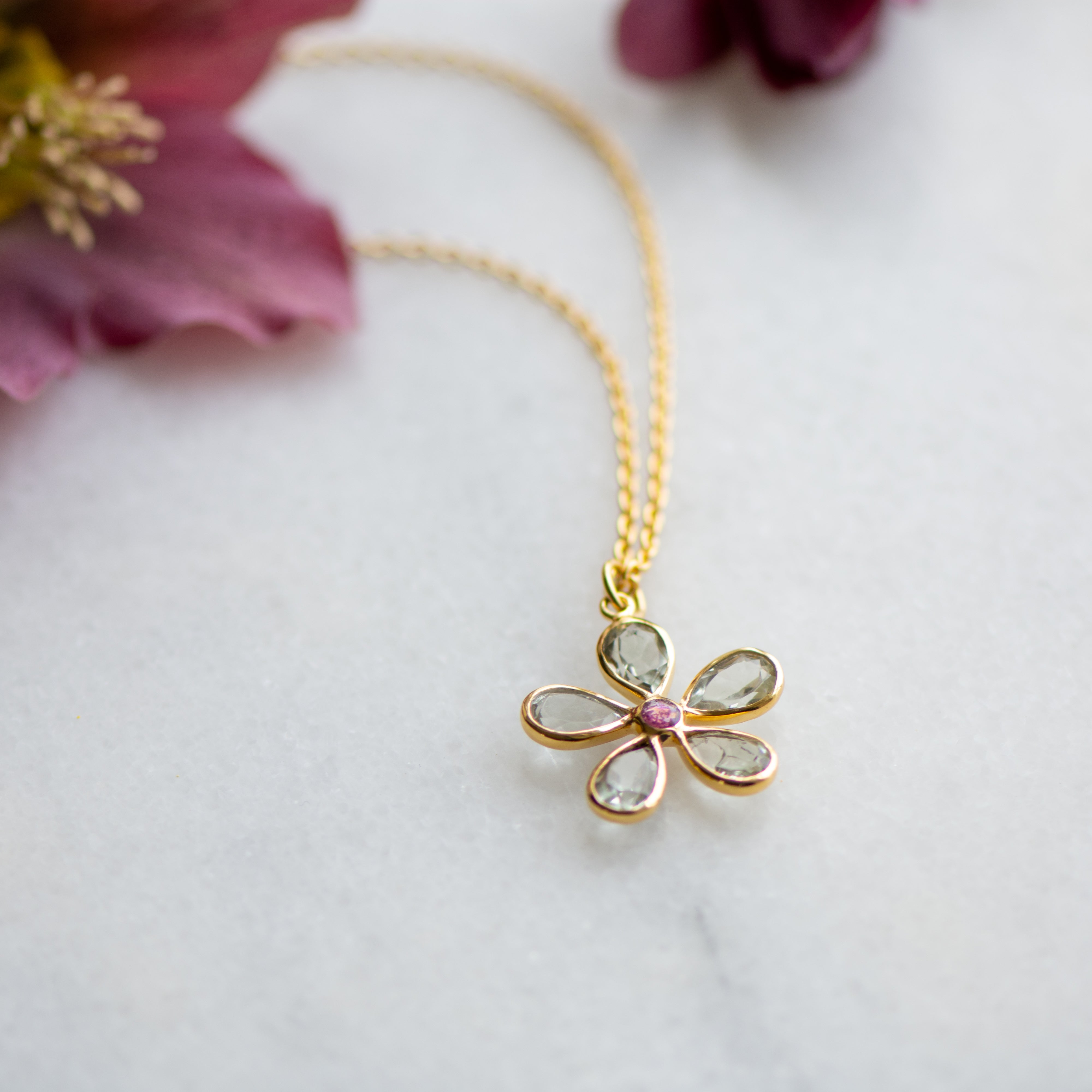 daisy gold flower pendant with green amethyst and tourmaline