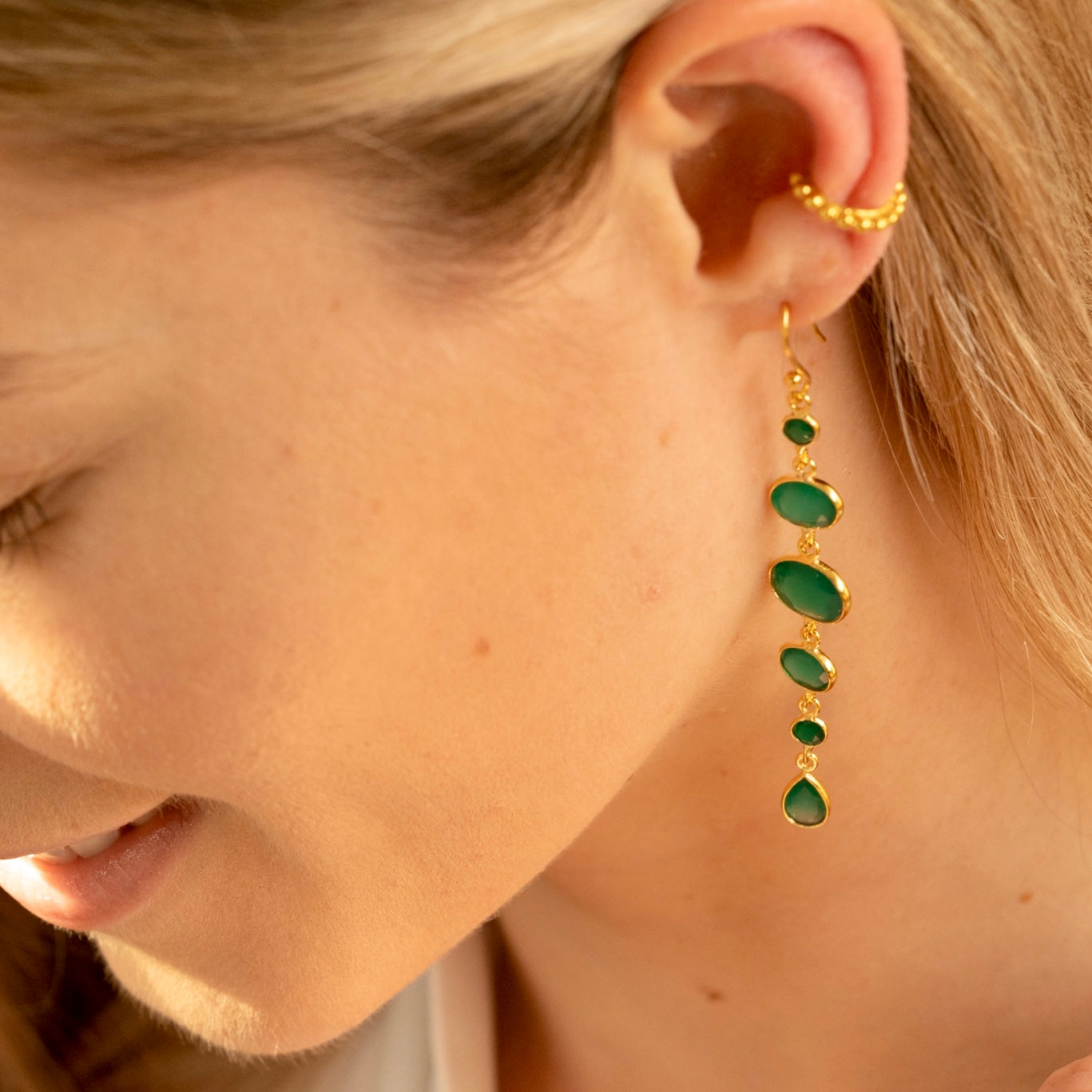 Cascade Earrings in Gold with Green Onyx Earring Memara