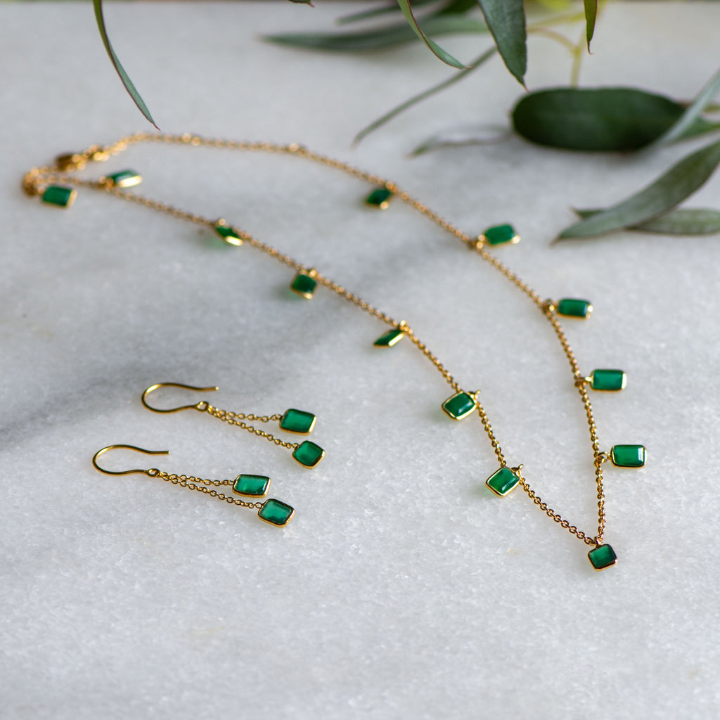 Tiggy Necklace in Gold and Green Onyx with matching Tiggy Gold Earrings with Green Onyx