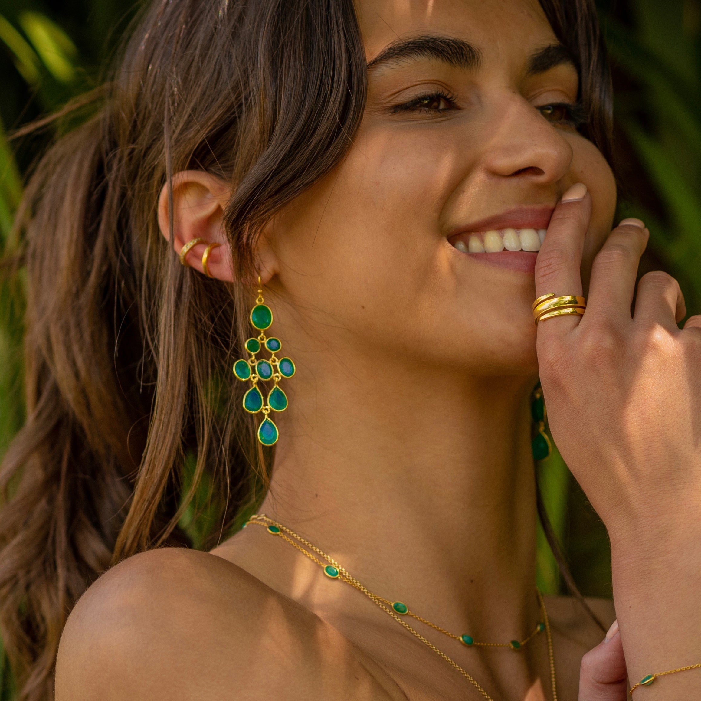 Waterfall Earrings in Gold with Green Onyx Earring Memara 