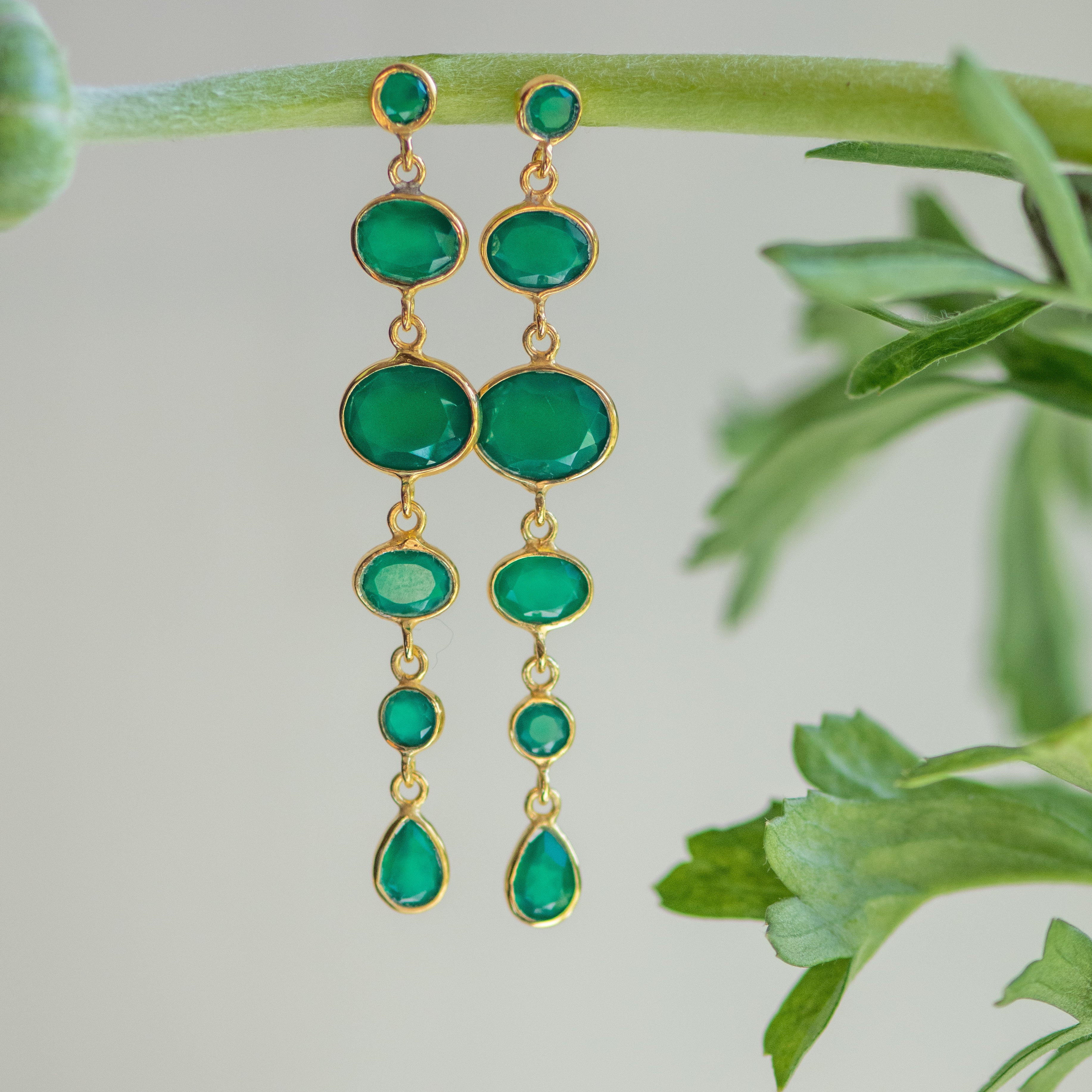 Stud Cascade Earrings in Gold with Green Onyx Earring Memara 
