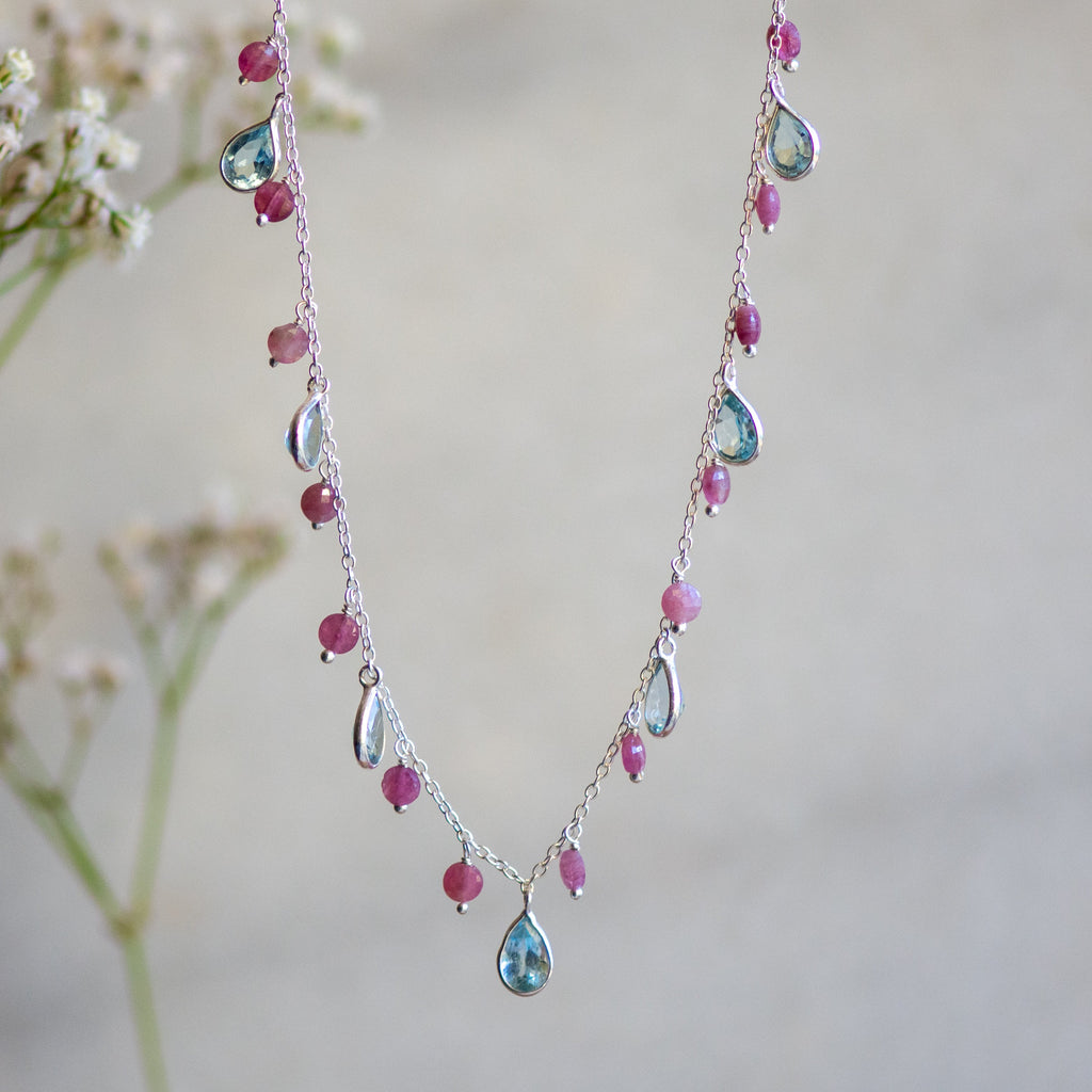 Kiki Necklace in Silver with Blue Topaz and Pink Tourmaline Necklace Memara 