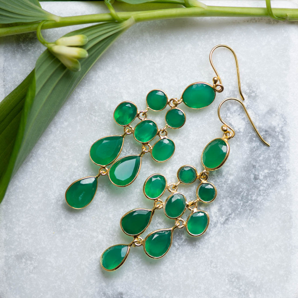 Waterfall Earrings in Gold with Green Onyx Earring Memara 