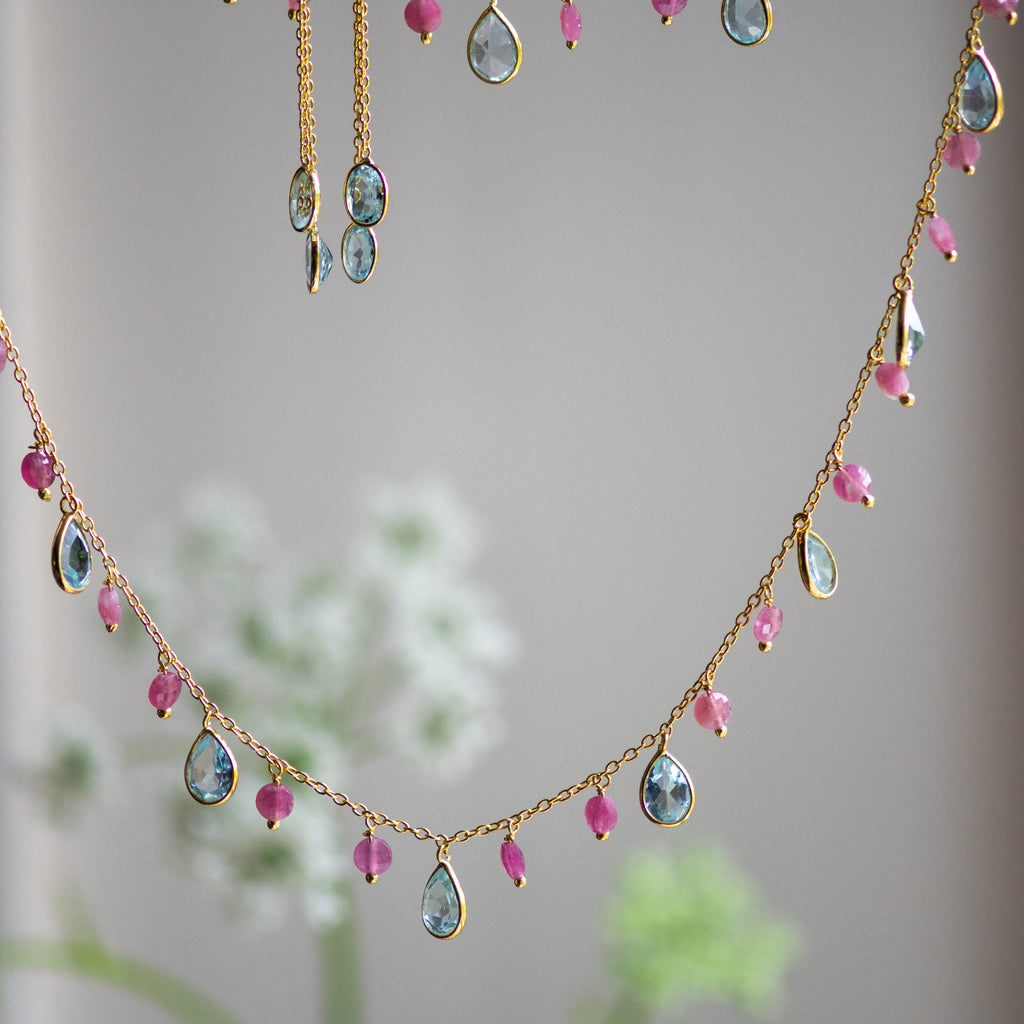 Kiki Necklace in Blue Topaz and Pink Tourmaline Necklace Memara 