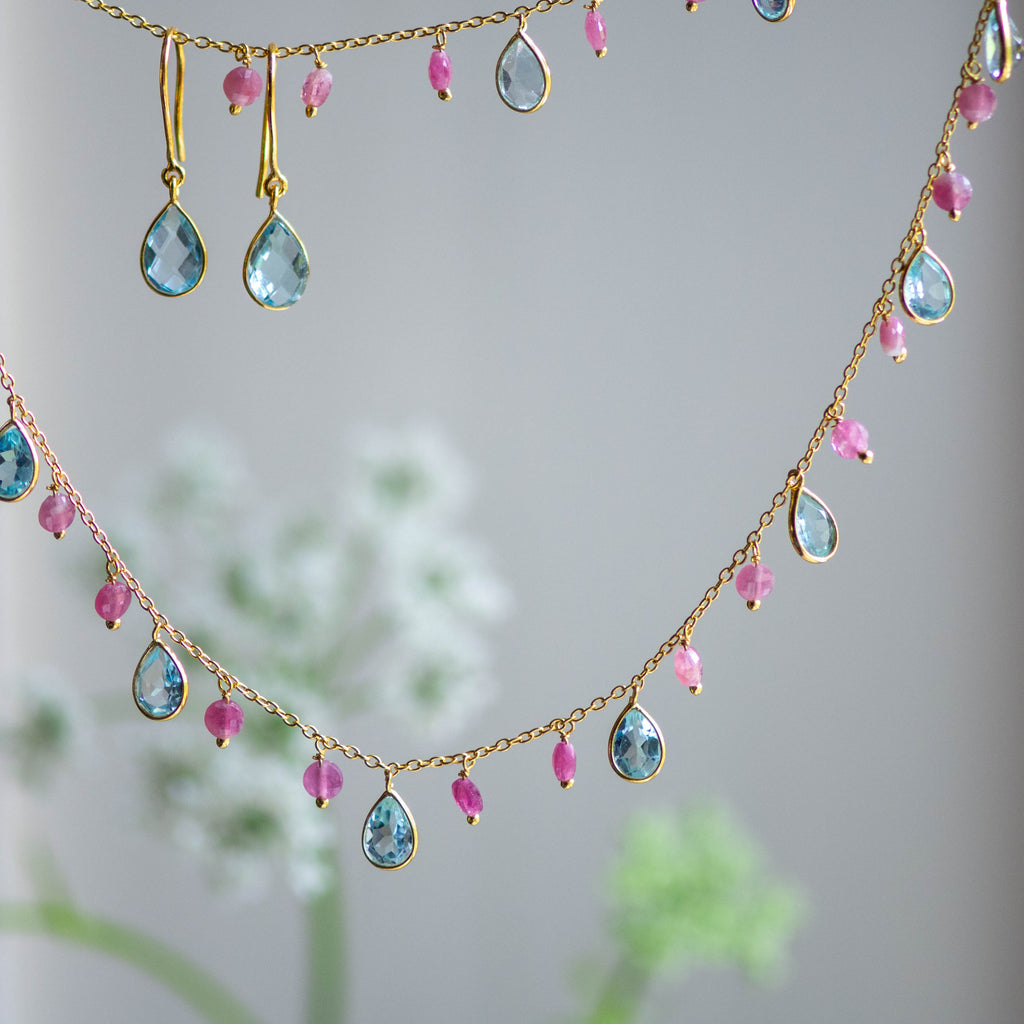 Kiki Necklace in Blue Topaz and Pink Tourmaline & Blue Topaz Tear Drop Earrings – Jewellery Set Memara 