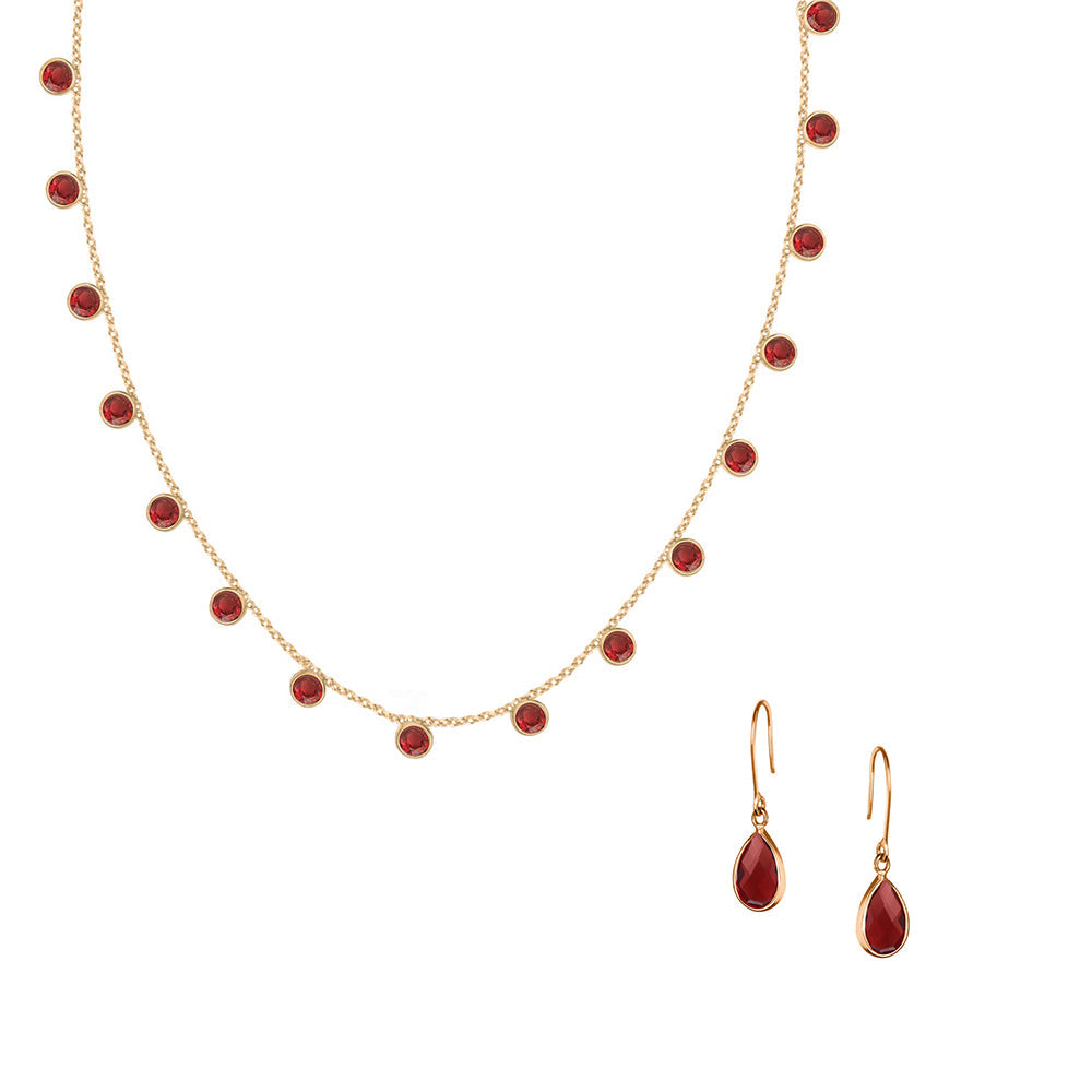 Zaza Necklace & Tear Drop Earrings in Gold with Garnet – Jewellery Set Memara 