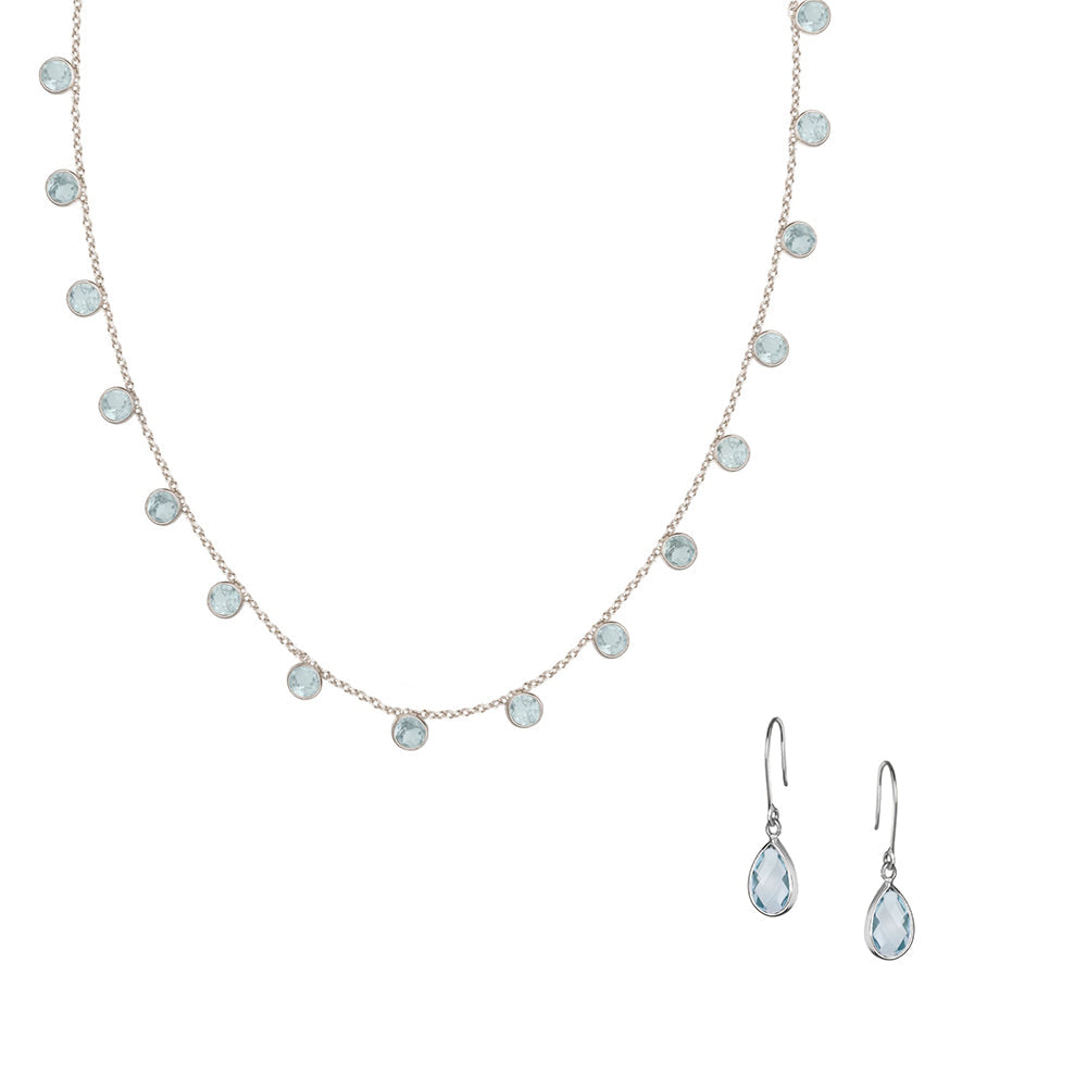 Zaza Necklace & Tear Drop Earrings in Silver with Blue Topaz – Jewellery Set Memara 