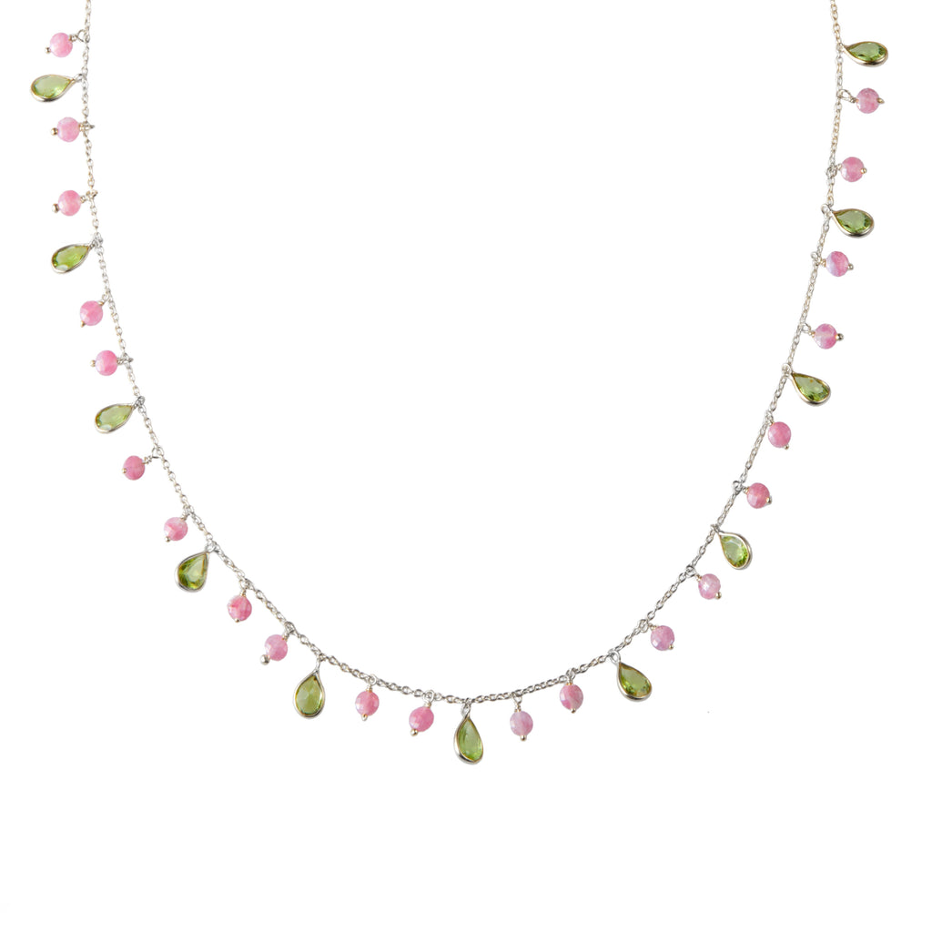 Kiki Necklace in Silver with Peridot and Pink Tourmaline Necklace Memara 